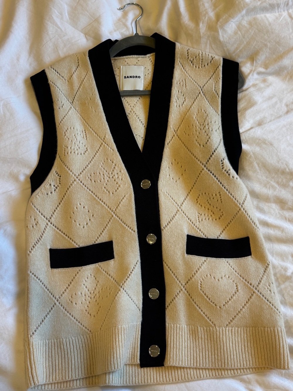 Sandro Cream Knit V-Neck Vest with Black Trim